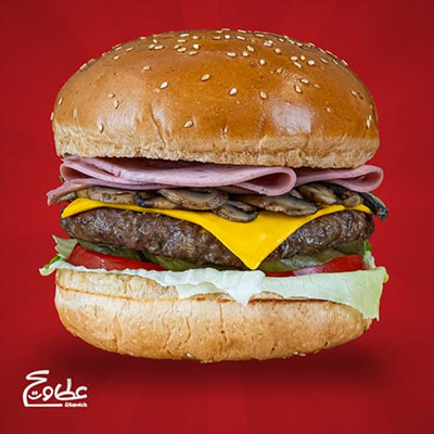 برگر 160گرم ، ژامبون گوشت تنوری ، قارچ و پنیر گودا ژامبو برگر